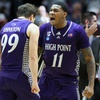 High Point forward Cam'ron Fletcher (11) celebrates with guard Chase Johnston (99) during the second half in the first round of the NCAA college basketball tournament against Wisconsin, Thursday, March 19, 2026, in Portland, Ore. 