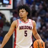 Arizona guard Brayden Burries (5) brings the ball up the court against LIU in the first round of the NCAA college basketball tournament, Friday, March 20, 2026, in San Diego. 