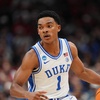 Duke guard Caleb Foster (1) brings the ball down court against St. John's during the first half in the Sweet 16 of the NCAA college basketball tournament, Friday, March 27, 2026, in Washington. 