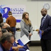 Cassius Lockett, right, district health officer for the Southern Nevada Health District, speaks with Jessica Johnson, health education supervisor, before the 2026 State of Public Health meeting at the health district Tuesday, April 7, 2026.