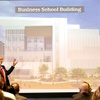 UNLV Interim President Chris Heavey talks about a proposed new business school building during the annual State of the University address at the Thomas & Mack Center Wednesday, April 8, 2026.