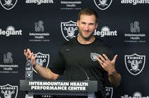 Las Vegas Raiders quarterback Kirk Cousins responds to a question during a news conference at the Raiders Headquarters/Intermountain Health Performance Center in Henderson Wednesday, April ...