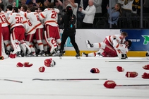 Denver players celebrate after defeating Wisconsin in the championship game at the NCAA Frozen Four men’s college hockey tournament Saturday, April 11, 2026, in Las&nbsp;Vegas.