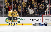 Vegas Golden Knights right wing Mark Stone, left, celebrates with Vegas Golden Knights center Jack Eichel (9) after scoring against the Winnipeg Jets during the ...