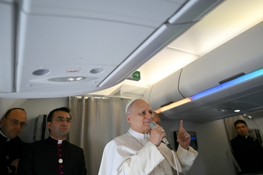Pope Leo XIV speaks to journalists aboard his flight bound for Algiers’ Houari Boumédiène International Airport on Monday, April 13, 2026, at the start of an 11-day apostolic journey to&nbsp;Africa.
