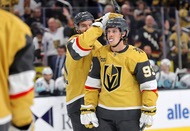 Vegas Golden Knights right wing Mitch Marner (93) is congratulated by right wing Mark Stone (61) after scoring against the Seattle Kraken during the third period of an NHL hockey game at T-Mobile Arena Wednesday, April 15,&nbsp;2026.