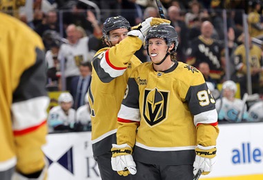 Vegas Golden Knights right wing Mitch Marner (93) is congratulated by right wing Mark Stone (61) after scoring against the Seattle Kraken during the third period of an NHL hockey game at T-Mobile Arena Wednesday, April 15,&nbsp;2026.