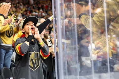 A Vegas Golden Knights fans cheers after a goal by right wing Reilly Smith (19) during the third period of an NHL hockey game against the Seattle Kraken at T-Mobile Arena Wednesday, April 15,&nbsp;2026.