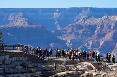 Tourists crowd Mather Point at Grand Canyon National Park in this Oct. 1, 2025, file photo. The Grand Canyon topped a new ranking of the most photographed national parks in the United States, according to a study by Popsa, a memory curation app that analyzed millions of user&nbsp;photos.