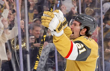 Vegas Golden Knights right wing Mark Stone (61) celebrates after scoring against the Utah Mammoth during the third period in Game 1 of a first-round NHL hockey Stanley Cup playoff series at T-Mobile Arena Sunday, April 19, 2026.