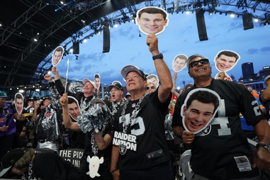 Las Vegas Raiders fans cheer as Indiana quarterback Fernando Mendoza is selected during the first round of the NFL draft in Pittsburgh, Thursday, April 23,&nbsp;2026. 

