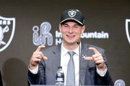 Las Vegas Raiders quarterback Fernando Mendoza responds to a question during a news conference at Las Vegas Raiders headquarters/Intermountain Health Performance Center in Henderson Friday, April 24, 2026. The Raiders acquired Mendoza with the first overall pick in the 2026 NFL draft on&nbsp;Thursday.