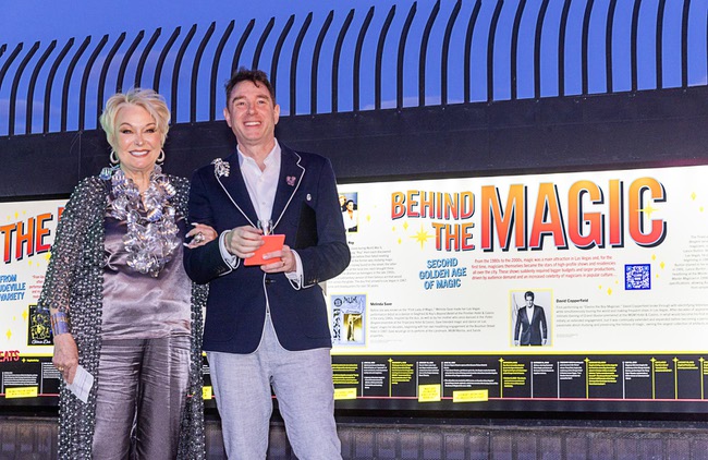 Lynette Chappell, the “evil queen” in the Siegfried & Roy show, and Aaron Berger, executive director/CEO of the Neon Museum, attend a lighting ceremony for the restored 3,600-lb. Siegfried & Roy statue at the museum Friday, April 24, 2026. The statue, previously located in front of the Mirage on The Strip for more than 30 years, was donated to the museum after Hard Rock International acquired the property.