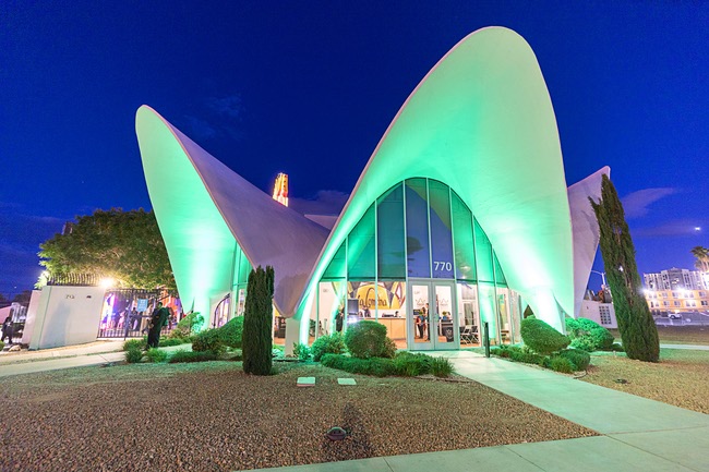 An exterior view of the Neon Museum’s La Concha Motel lobby  Friday, April 24, 2026.