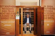 Tick Segerblom, Clark County Commissioner, sits in a sauna made to simulate the summer time temperature of a Las Vegas bus stop during the Southern Nevada Extreme Heat Summit at the AC Hotel at Symphony Park, downtown, Wednesday, April 29,&nbsp;2026.
