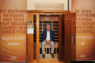 Tick Segerblom, Clark County Commissioner, sits in a sauna made to simulate the summer time temperature of a Las Vegas bus stop during the Southern Nevada Extreme Heat Summit at the AC Hotel at Symphony Park, downtown, Wednesday, April 29,&nbsp;2026.