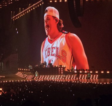 Country star Morgan Wallen performs wearing a UNLV basketball jersey during his show May 1, 2026, at Allegiant&nbsp;Stadium.