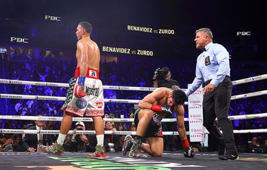 David Benavidez reacts after knocking down Gilberto Ramirez in a cruiserweight championship boxing match Saturday, May 2, 2026, in Las Vegas.