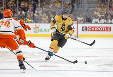 Vegas Golden Knights center William Karlsson (71) skates against Anaheim Ducks defenseman John Carlson (74) during the first period of Game 2 of a second-round NHL hockey Stanley Cup playoff series at T-Mobile Arena Wednesday, May 6,&nbsp;2026.