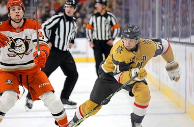 Vegas Golden Knights center William Karlsson (71) skates past Anaheim Ducks right wing Beckett Sennecke (45) during the first period of Game 2 of a second-round NHL hockey Stanley Cup playoff series at T-Mobile Arena Wednesday, May 6,&nbsp;2026.