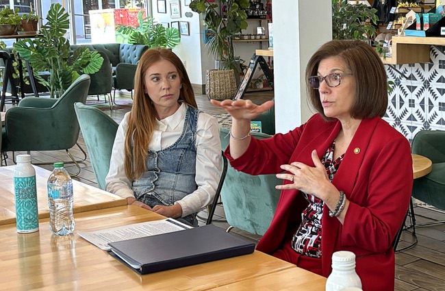 Sen. Catherine Cortez Masto, right, D-Nev., speaks with business owners during a small business event at Tacotarian in the Arts District Thursday, May 7, 2026. Kristen Corral, co-owner of Tacotarian, listens at left.