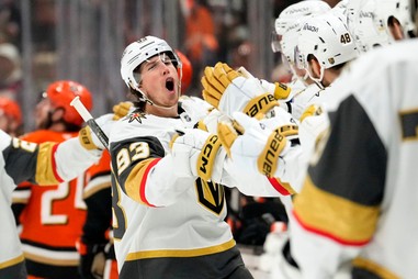 Vegas Golden Knights right wing Mitch Marner, second from left, celebrates his goal with teammates during the first period in Game 6 of a second-round NHL hockey Stanley Cup playoff series against the Anaheim Ducks, Thursday, May 14, 2026, in Anaheim,&nbsp;Calif. 
