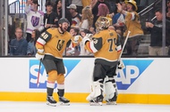 Vegas Golden Knights center Tomas Hertl, left, celebrates his goal with goaltender Carter Hart during the third period in Game 3 of the Western Conference finals NHL hockey Stanley Cup playoff series against the Colorado Avalanche, Sunday, May 24, 2026, in Las&nbsp;Vegas.