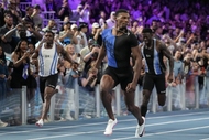 Fred Kerley, of the United States, wins the men’s 100-meter final at the Enhanced Games in Las Vegas, Sunday, May 24,&nbsp;2026.

