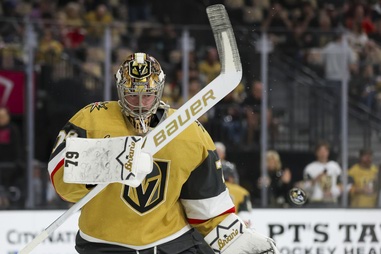 Vegas Golden Knights goaltender Carter Hart (79) warms up before Game 4 of an NHL hockey Western Conference Final at T-Mobile Arena Tuesday, May 26,&nbsp;2026.
