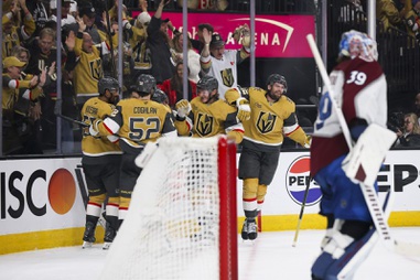 The Vegas Golden Knights celebrate after Vegas Golden Knights right wing Cole Smith (22) scores against the Colorado Avalanche during the third period in Game 4 of an NHL hockey Western Conference Final at T-Mobile Arena Tuesday, May 26,&nbsp;2026.