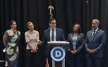 Making the case for the Silver State: Nevada Democrats, from left, former state Sen. Yvanna Cancela, political strategist Rebecca Lambe, Secretary of State Cisco Aguilar, state Democratic Party Chair Daniele Monroe-Moreno, and U.S. Rep. Steven Horsford, testify before the DNC Rules and Bylaws Committee in Washington on Thursday. The group is pushing for Nevada to secure the coveted first-in-the-nation spot for the 2028 presidential&nbsp;primary.