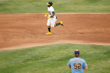 Athletics’ Shea Langeliers (23) runs by Milwaukee Brewers starting pitcher Kyle Harrison (52) as he rounds the bases after hitting a solo home run during the first inning of a baseball game Monday, June 8, 2026, in Las&nbsp;Vegas.
