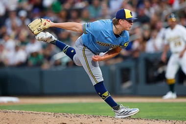 Milwaukee Brewers starting pitcher Kyle Harrison delivers to home plate during the second inning of a baseball game against the Athletics, Monday, June 8, 2026, in Las Vegas.