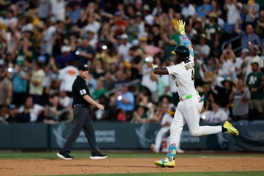 Athletics’ Lawrence Butler (4) rounds the bases after hitting a two run home run during the seventh inning against the Milwaukee Brewers, Wednesday, June 10, 2026, in Las&nbsp;Vegas. 