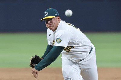 Athletics pitcher Jose Suarez (54) pitches during a baseball game against Colorado Rockies at the Las Vegas Ballpark Saturday, June 13, 2026.