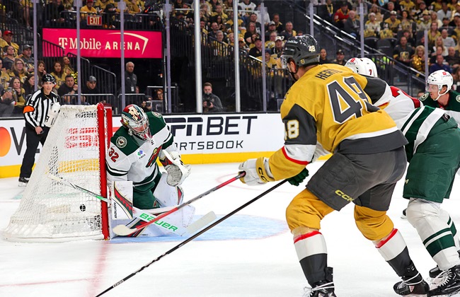 Vegas Golden Knights center Tomas Hertl (48) scores against Minnesota Wild goaltender Filip Gustavsson (32) during the first period of game one in an NHL hockey Stanley Cup first-round playoff series at T-Mobile Arena Sunday, April 20, 2025.