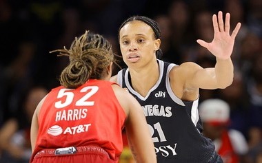 Las Vegas Aces forward-center Brianna Turner (21) defends against Indiana Fever guard Tyasha Harris (52) during the second half of an WNBA basketball game at Michelob Ultra Arena in Mandalay Bay Sunday, July 12,&nbsp;2026.