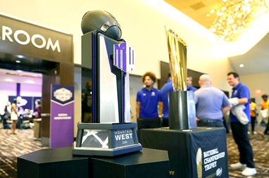 The Mountain West trophy, left, and National Championship trophy are displayed during the 2026 Old Trapper Mountain West Football Media Days at the Palms Wednesday, July 15,&nbsp;2026.