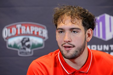 UNLV Rebels defensive lineman Lucas Conti responds to a question from a reporter during the 2026 Old Trapper Mountain West Football Media Days at the Palms Wednesday, July 15,&nbsp;2026.
