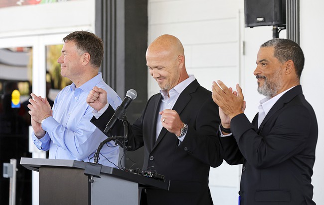 Cory Clemetson, left, grandson of Primm founder Ernie Primm and president of the Primm South Real Estate Company, Bryan Breeden, center, vice president of advertising and marketing for Terrible’s, and Mark Bennett, vice president of gaming operations for Terrible’s, celebrate the reopening of the Primm Valley Resort in Primm, Nev. Wednesday, July 22, 2026. STEVE MARCUS
