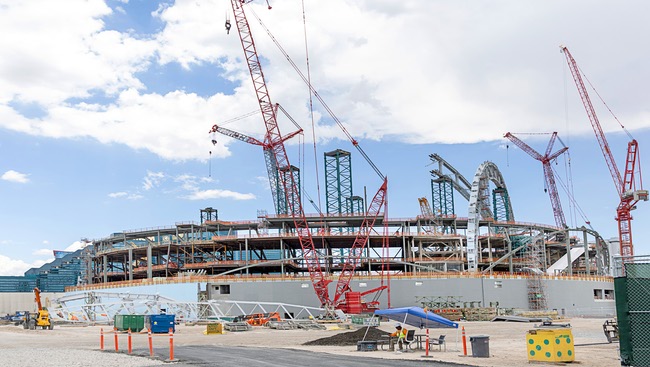 Construction continues on the Athletics’ stadium at Las Vegas Boulevard South and Tropicana Avenue Friday, July 24, 2026. The $2 billion stadium is expected to be completed by February 2028.