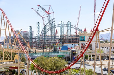 Construction continues on the Athletics’ stadium at Las Vegas Boulevard South and Tropicana Avenue Friday, July 24, 2026. The $2 billion stadium is expected to be completed by February 2028.