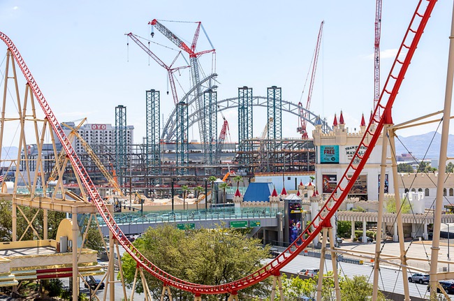 Construction continues on the Athletics’ stadium at Las Vegas Boulevard South and Tropicana Avenue Friday, July 24, 2026. The $2 billion stadium is expected to be completed by February 2028.