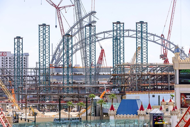 Construction continues on the Athletics’ stadium at Las Vegas Boulevard South and Tropicana Avenue Friday, July 24, 2026. The $2 billion stadium is expected to be completed by February 2028.