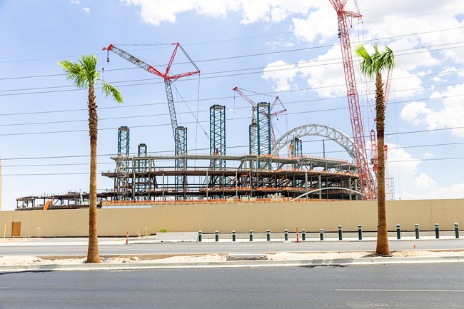 Construction continues on the Athletics’ stadium at Las Vegas Boulevard South and Tropicana Avenue Friday, July 24, 2026. The $2 billion stadium is expected to be completed by February 2028.