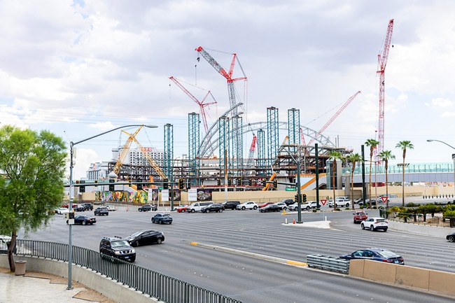Construction continues on the Athletics’ stadium at the southeast corner of Las Vegas Boulevard South and Tropicana Avenue Friday, July 24, 2026. The $2 billion stadium is expected to be completed by February 2028.