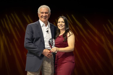 Tony Marnell II, founder, CEO and chairman emeritus of Marnell Companies, poses for a photo with NCA CEO Ann Barnett after receiving the Pioneer Legacy Award during Contractor of the Year Awards Thursday July 23,&nbsp;2026.