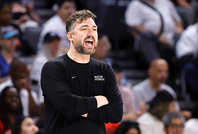 New York Liberty head coach Chris DeMarco calls out to players during the first half of an WNBA basketball game between the Las Vegas Aces and the New York Liberty at Michelob Ultra Arena in Mandalay Bay Thursday, July 30, 2026.