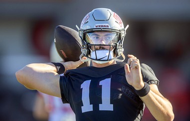 UNLV quarterback Jackson Arnold (11) passes during football practice at Rebel Field Thursday, July 30,&nbsp;2026.