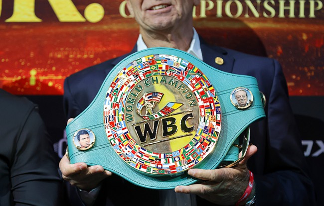 The WBC title belt is displayed during a ceremonial weigh-in at Virgin Las Vegas Friday, July 31, 2026. Lamont Roach Jr. and William Zepeda are scheduled to fight for a vacant WBC lightweight title at the  hotel-casino Saturday.